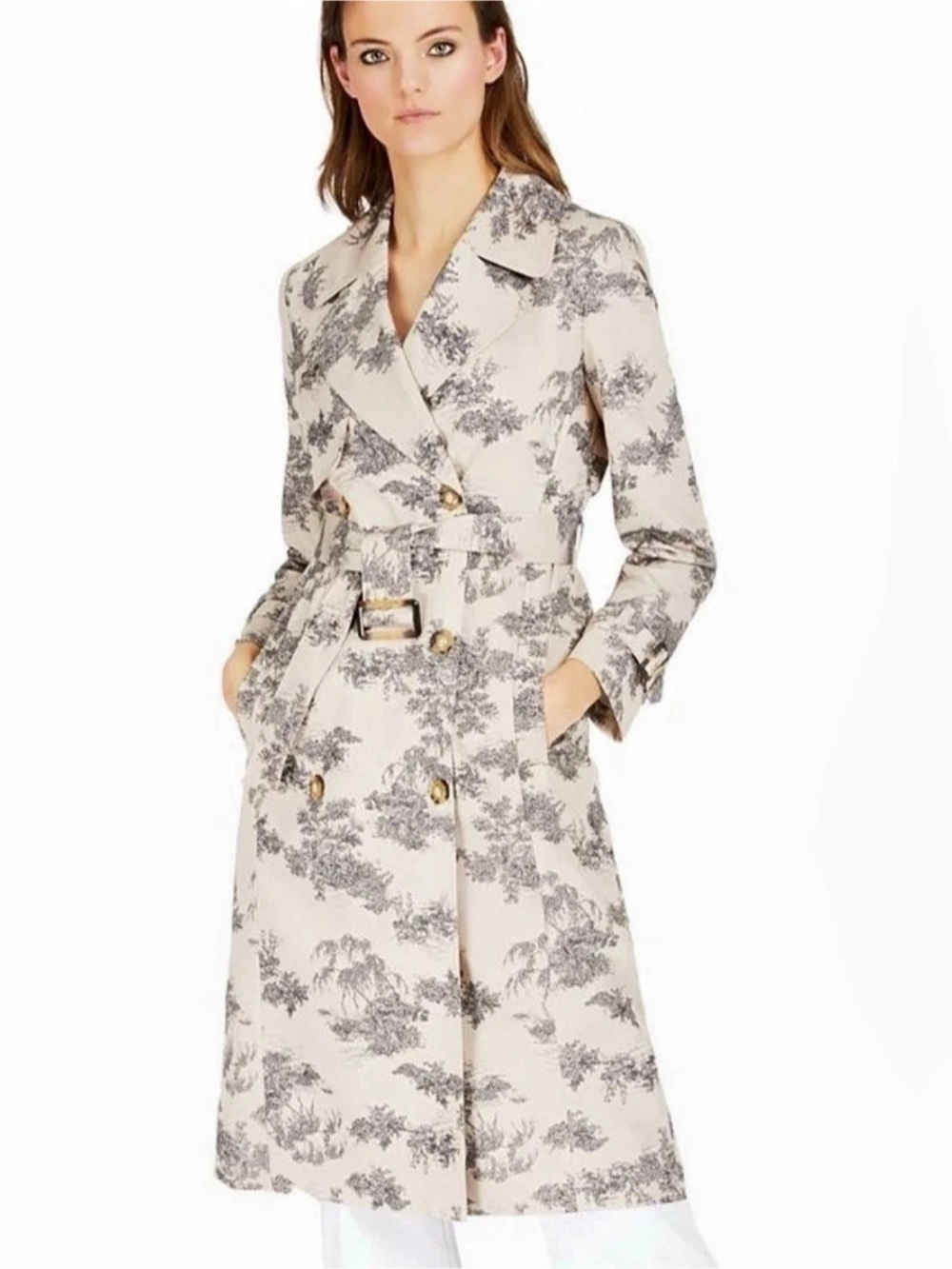 INC International Concepts Toile Print Trench Coat Jacket Medium M Women’s